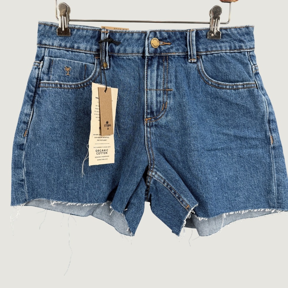 Thrills Erica Mid Rise Denim Shorts Size 6 Blue Organic Cotton Raw Hem New
